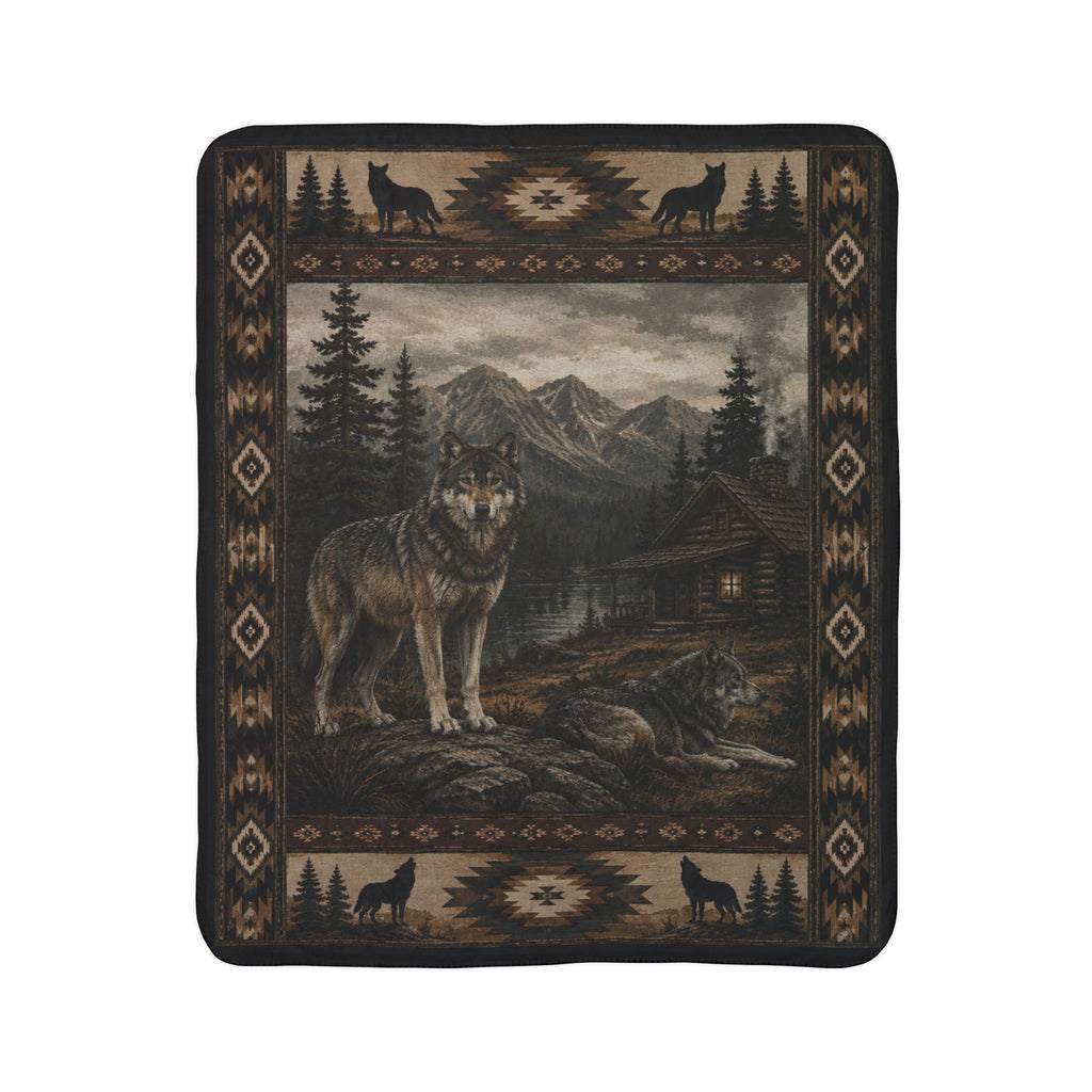 Wolf Cabin Fleece Sherpa Blanket – Rustic Mountain Lodge Throw