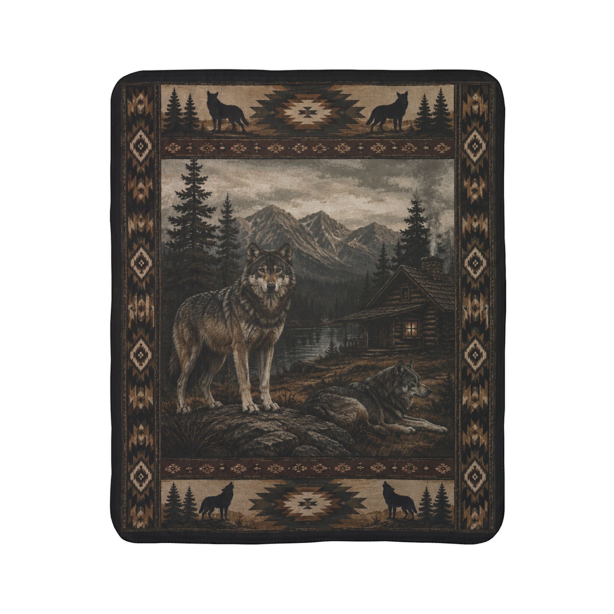 Wolf Cabin Fleece Sherpa Blanket – Rustic Mountain Lodge Throw
