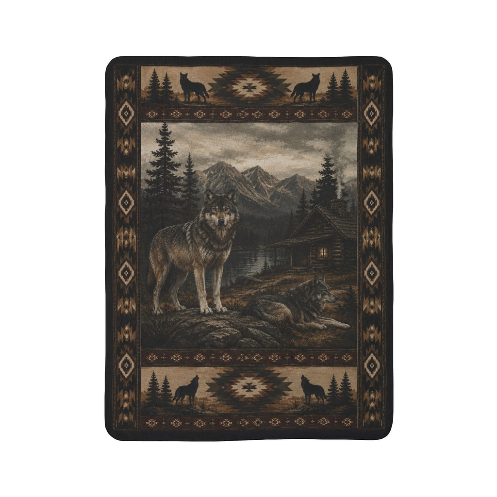 Wolf Cabin Fleece Sherpa Blanket – Rustic Mountain Lodge Throw