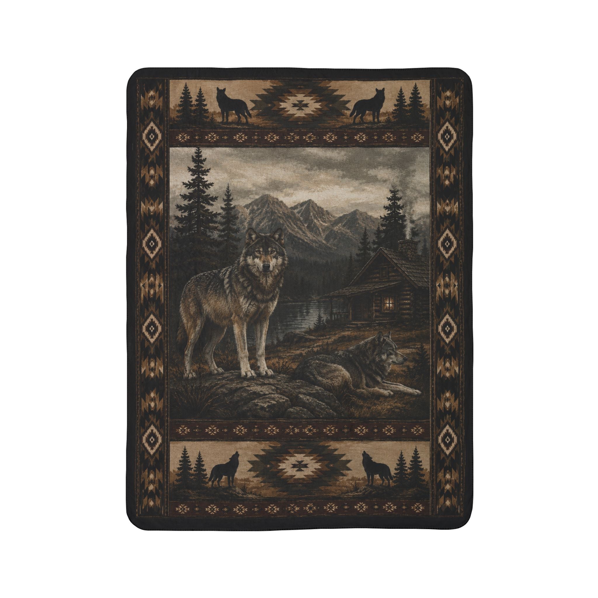 Wolf Cabin Fleece Sherpa Blanket – Rustic Mountain Lodge Throw